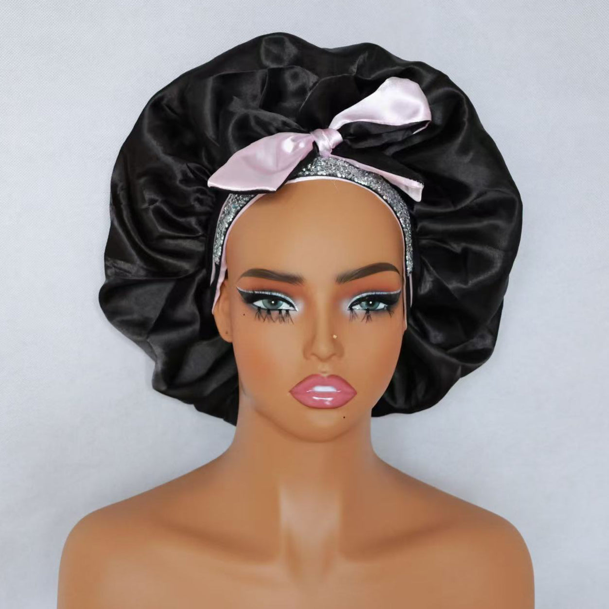 Premium Silk Tie Bonnet for Natural Hair - Anti-Frizz, Breathable & Extra-Large Design (silver rhinestone)