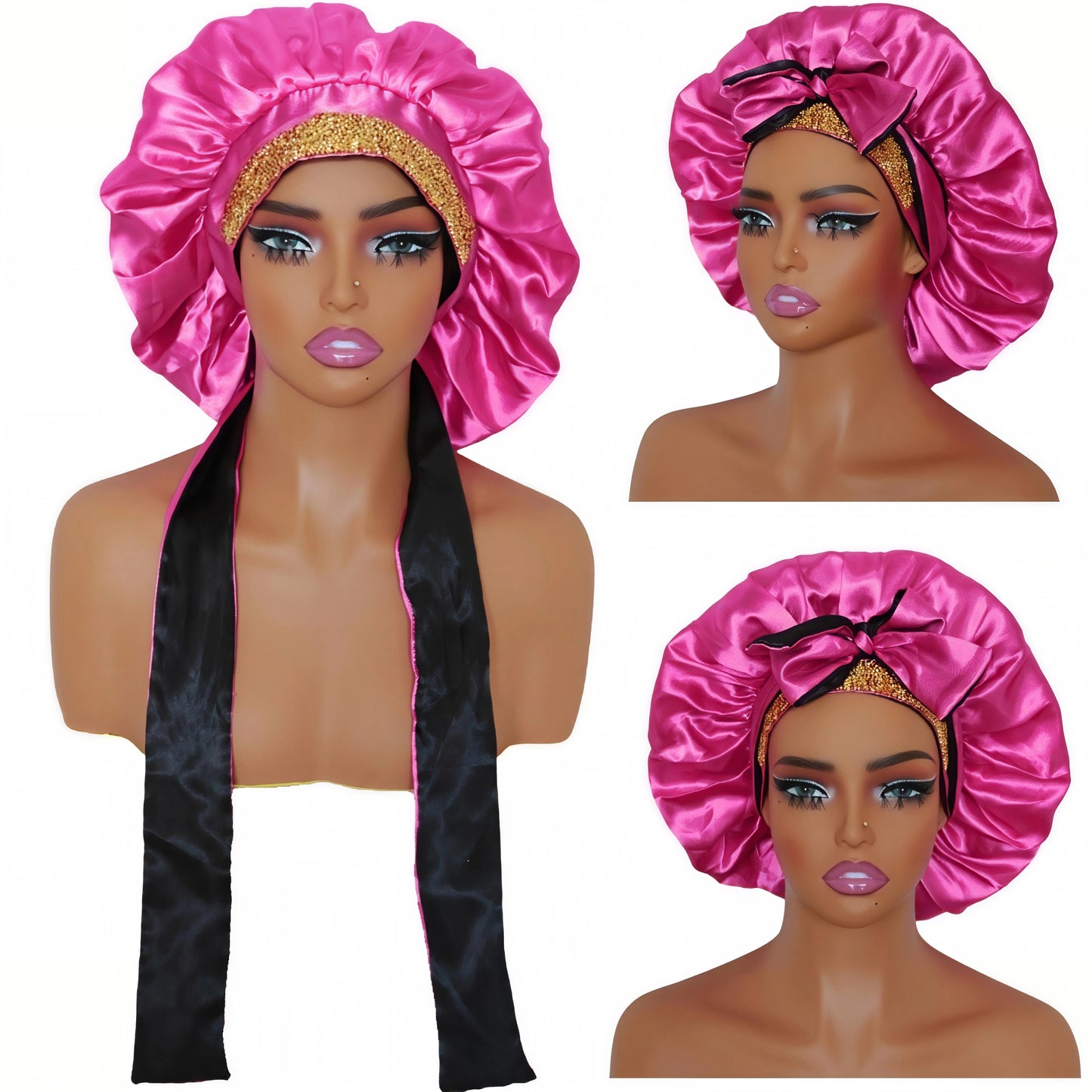 Double layer short satin silk hair bonnet with long tie band for sleeping (Gold rhinestone)