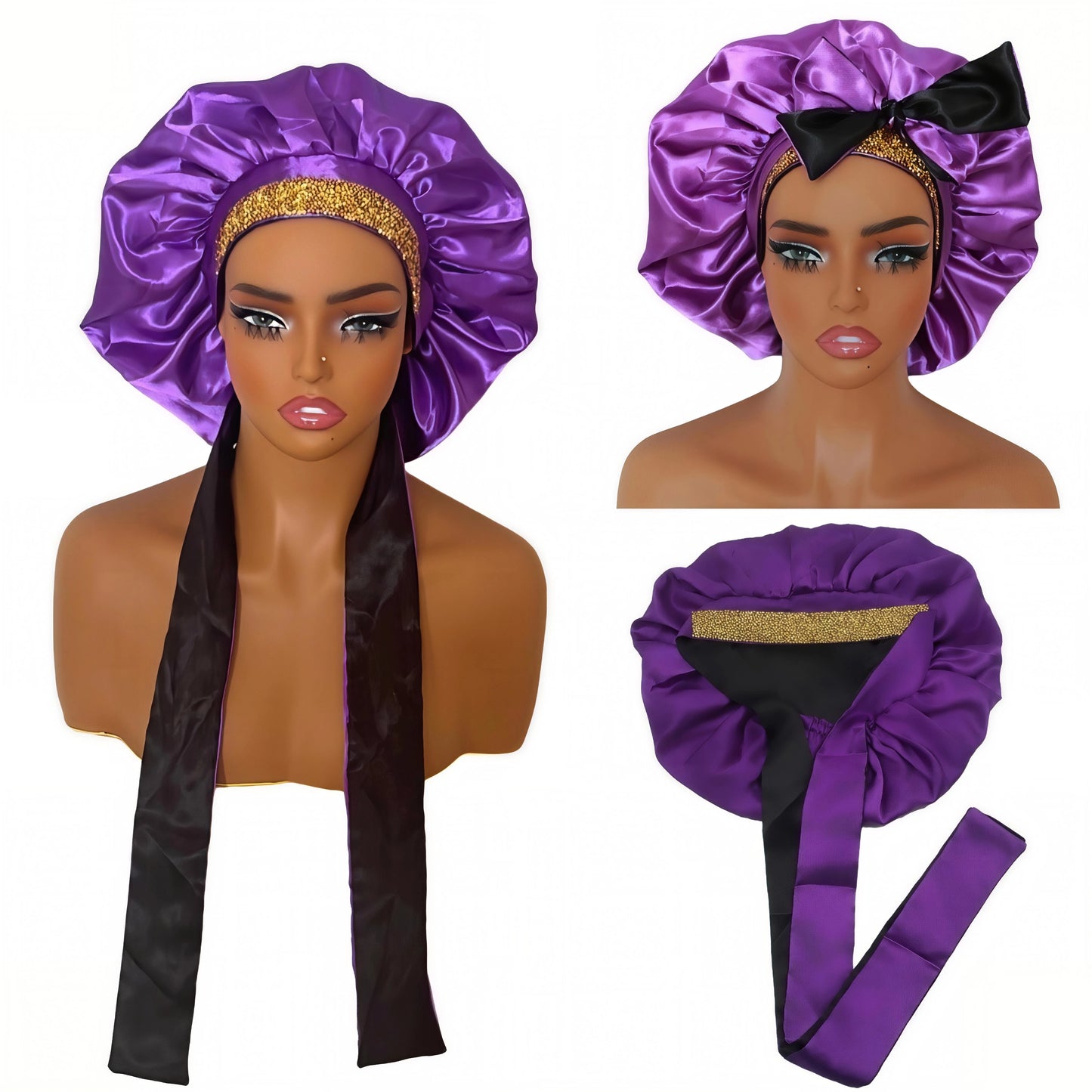 Satin Tie Bonnet for Curly Hair - 100% Silk Lining, Adjustable Band for Sleep & Hair Protection ( gold rhinestone)