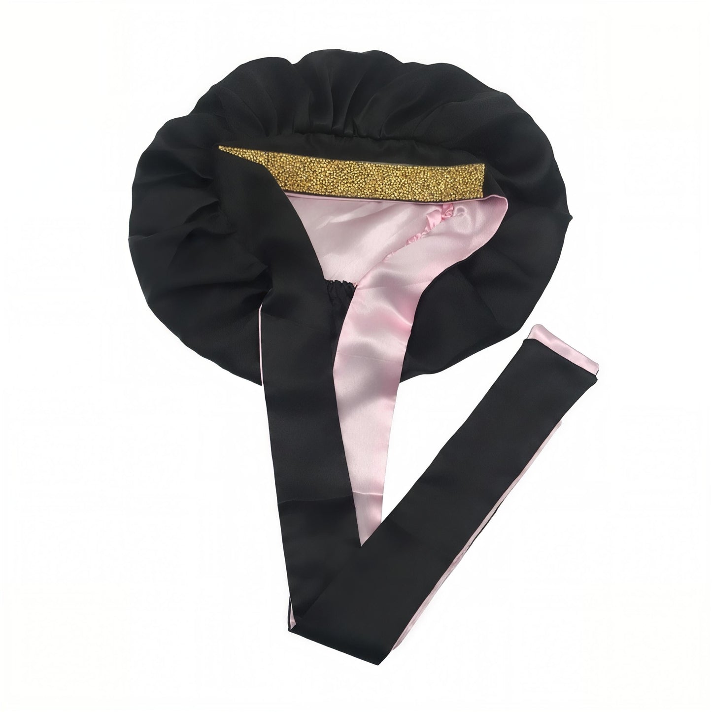 Double layer short satin silk hair bonnet with long tie band for sleeping (Gold rhinestone)