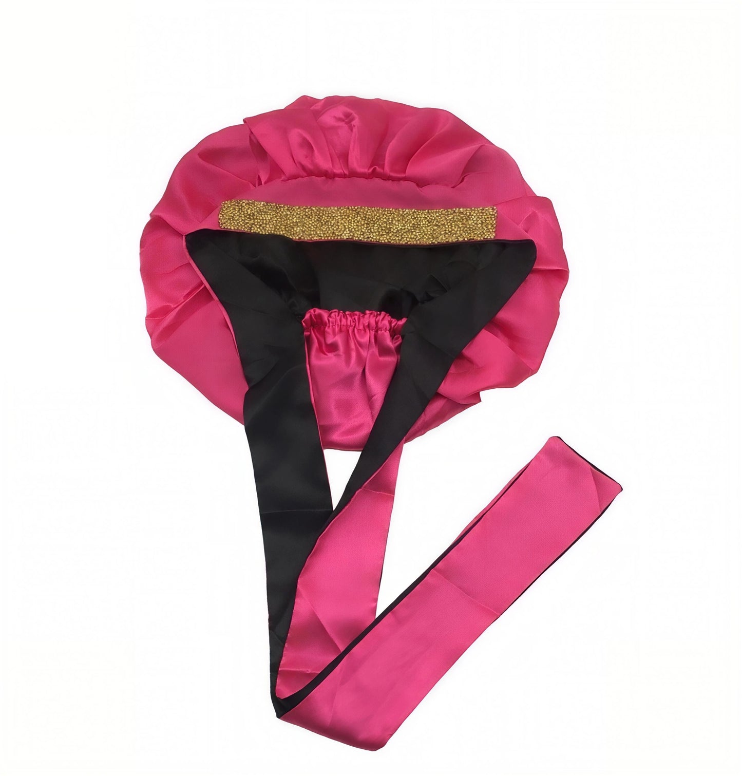 Double layer short satin silk hair bonnet with long tie band for sleeping (Gold rhinestone)