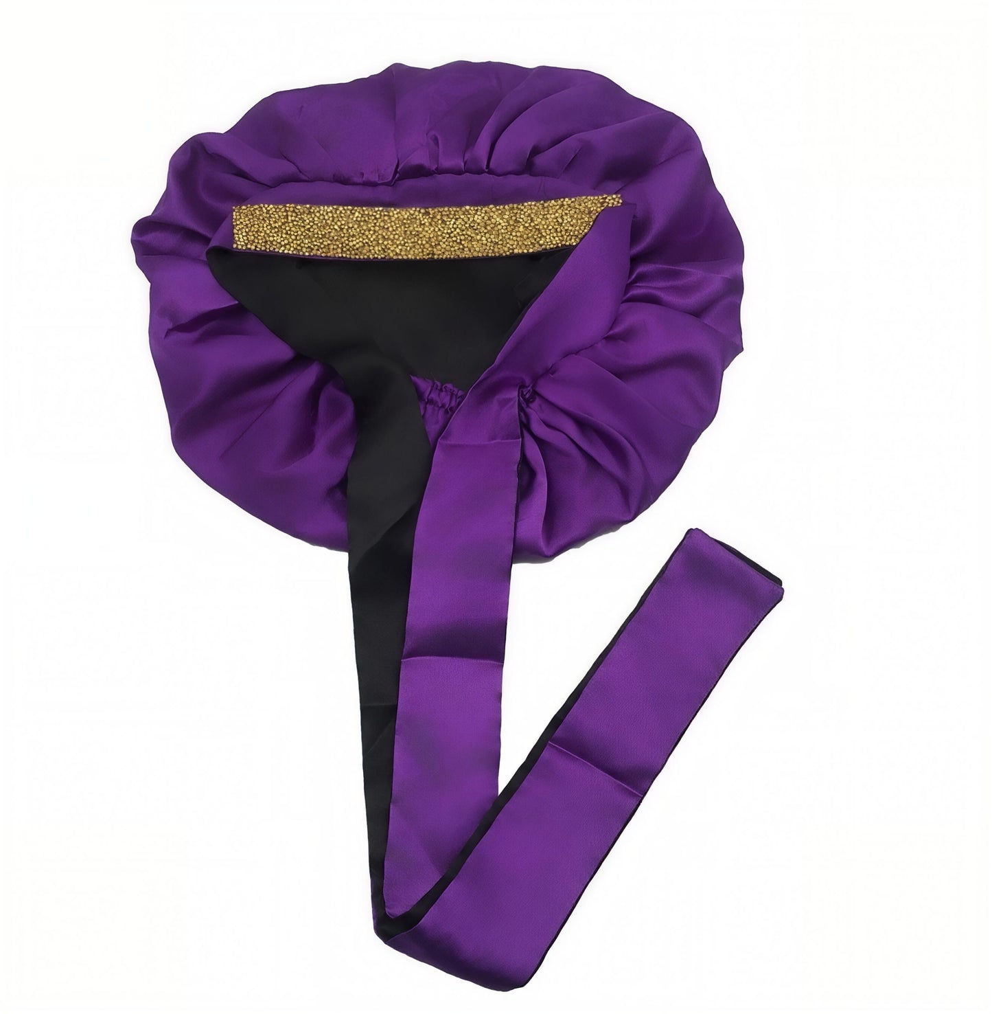 Double layer short satin silk hair bonnet with long tie band for sleeping (Gold rhinestone)