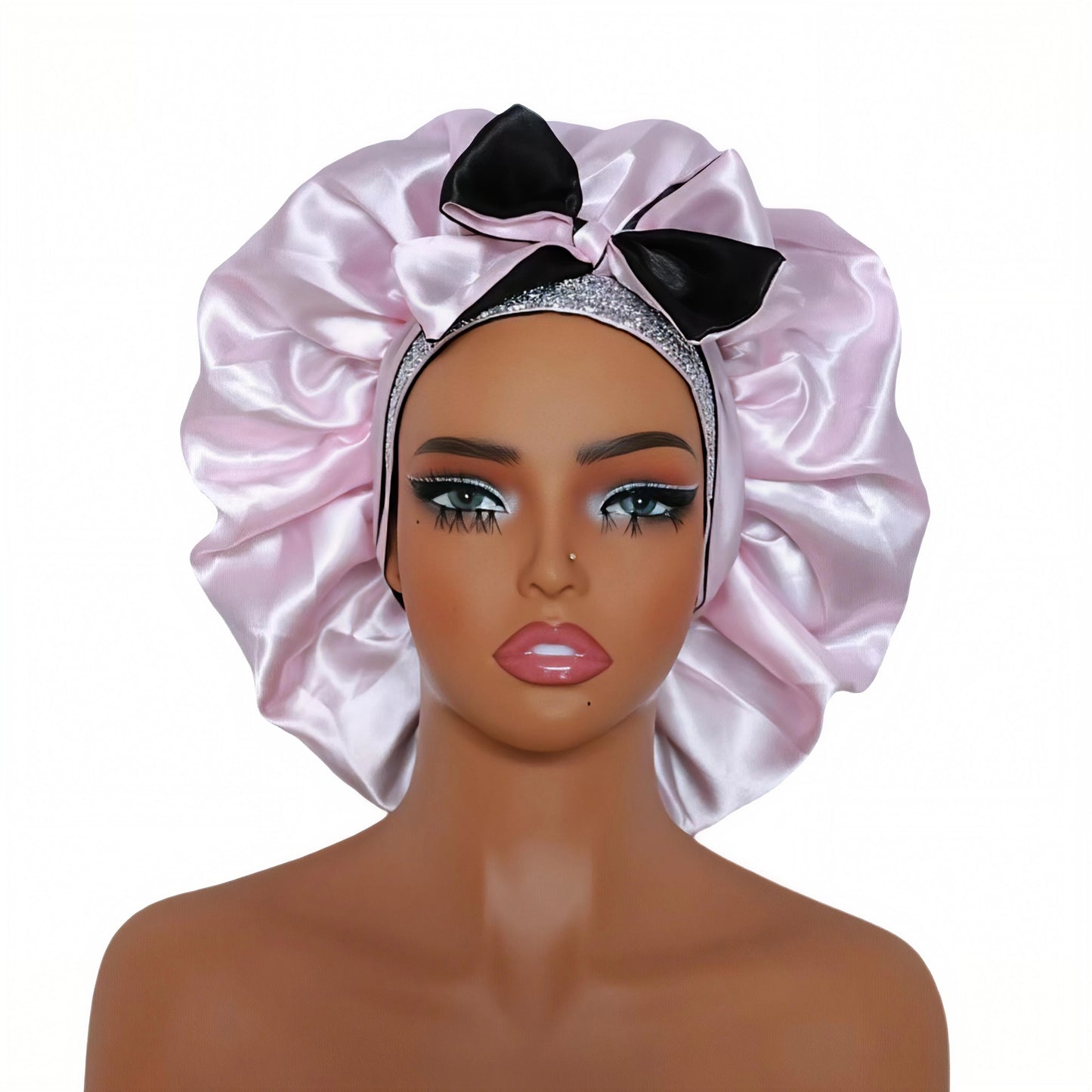 Premium Silk Tie Bonnet for Natural Hair - Anti-Frizz, Breathable & Extra-Large Design (silver rhinestone)