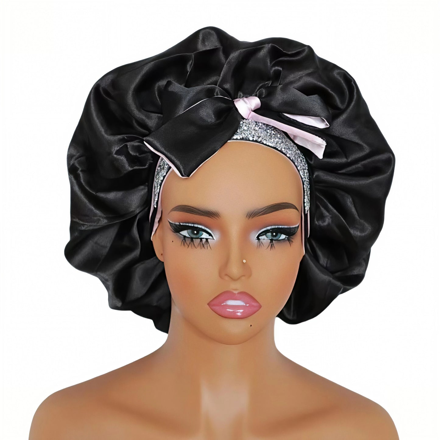 Premium Silk Tie Bonnet for Natural Hair - Anti-Frizz, Breathable & Extra-Large Design (silver rhinestone)