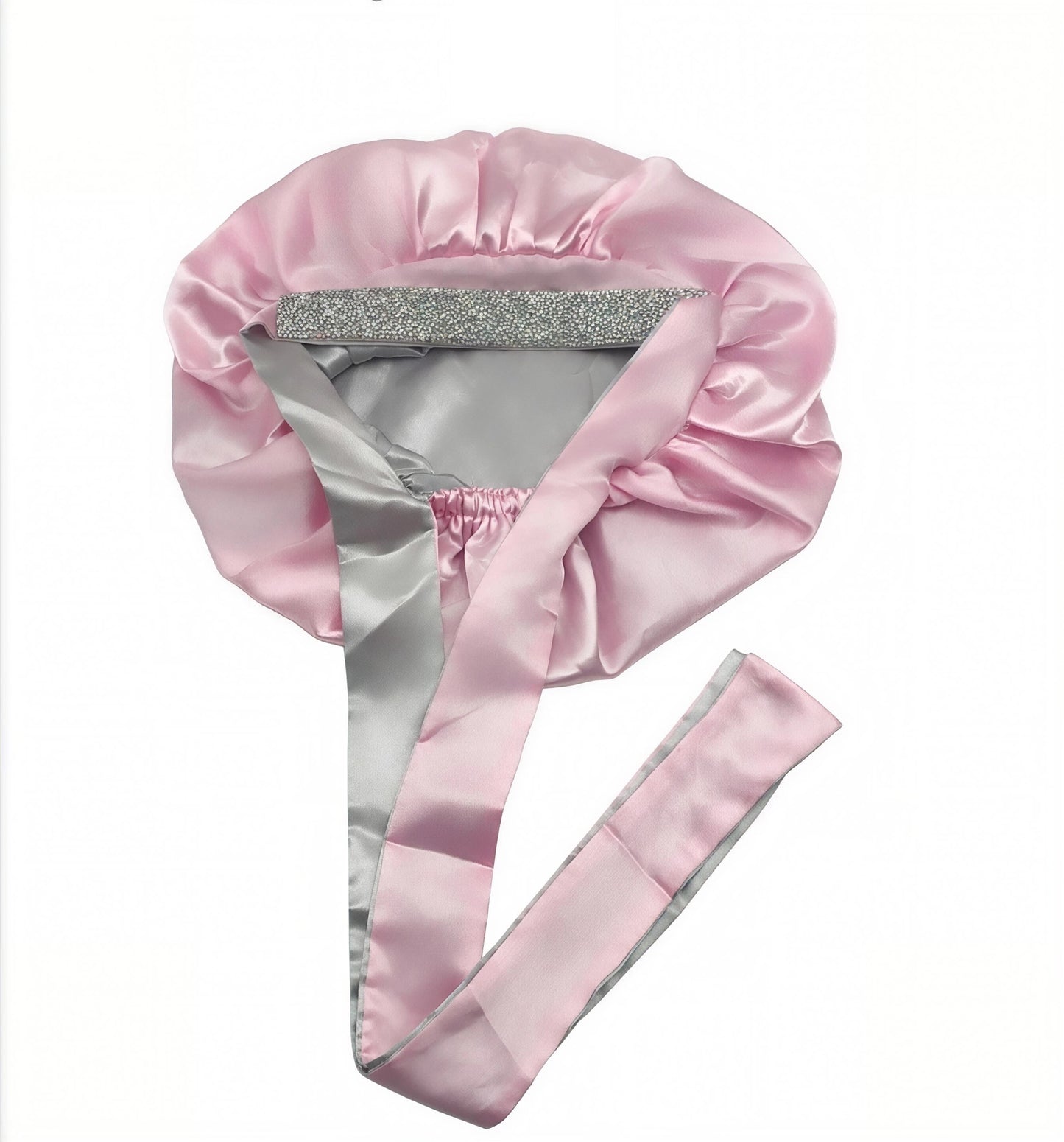 Premium Silk Tie Bonnet for Natural Hair - Anti-Frizz, Breathable & Extra-Large Design (silver rhinestone)