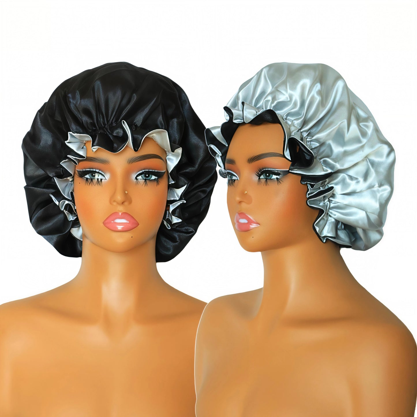 Double Layer Women Hair Care Bonnet Set Silver and Black Satin Sleep Bonnet  100% Silk Lining (8 Colors)
