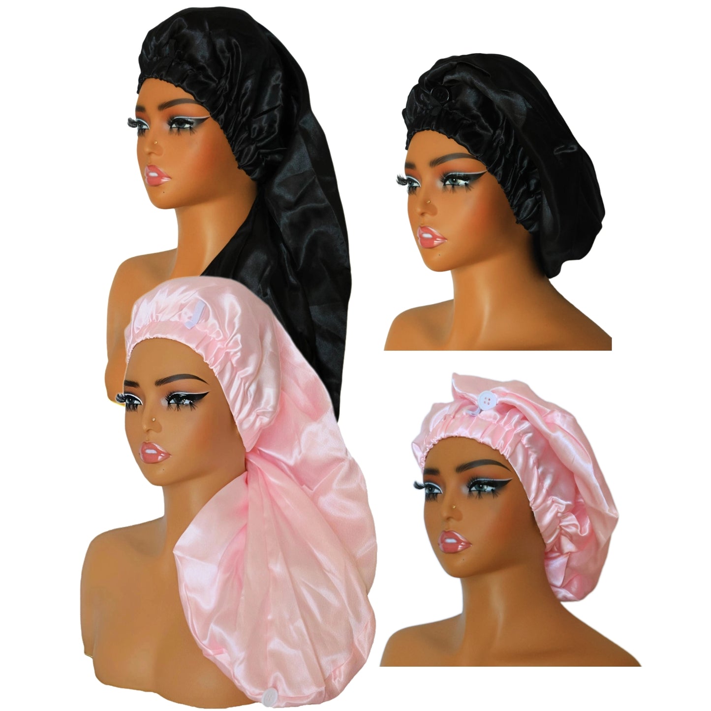 Adjustable Button Satin Bonnet - Extra Long Night Cap with Double Layer Design
