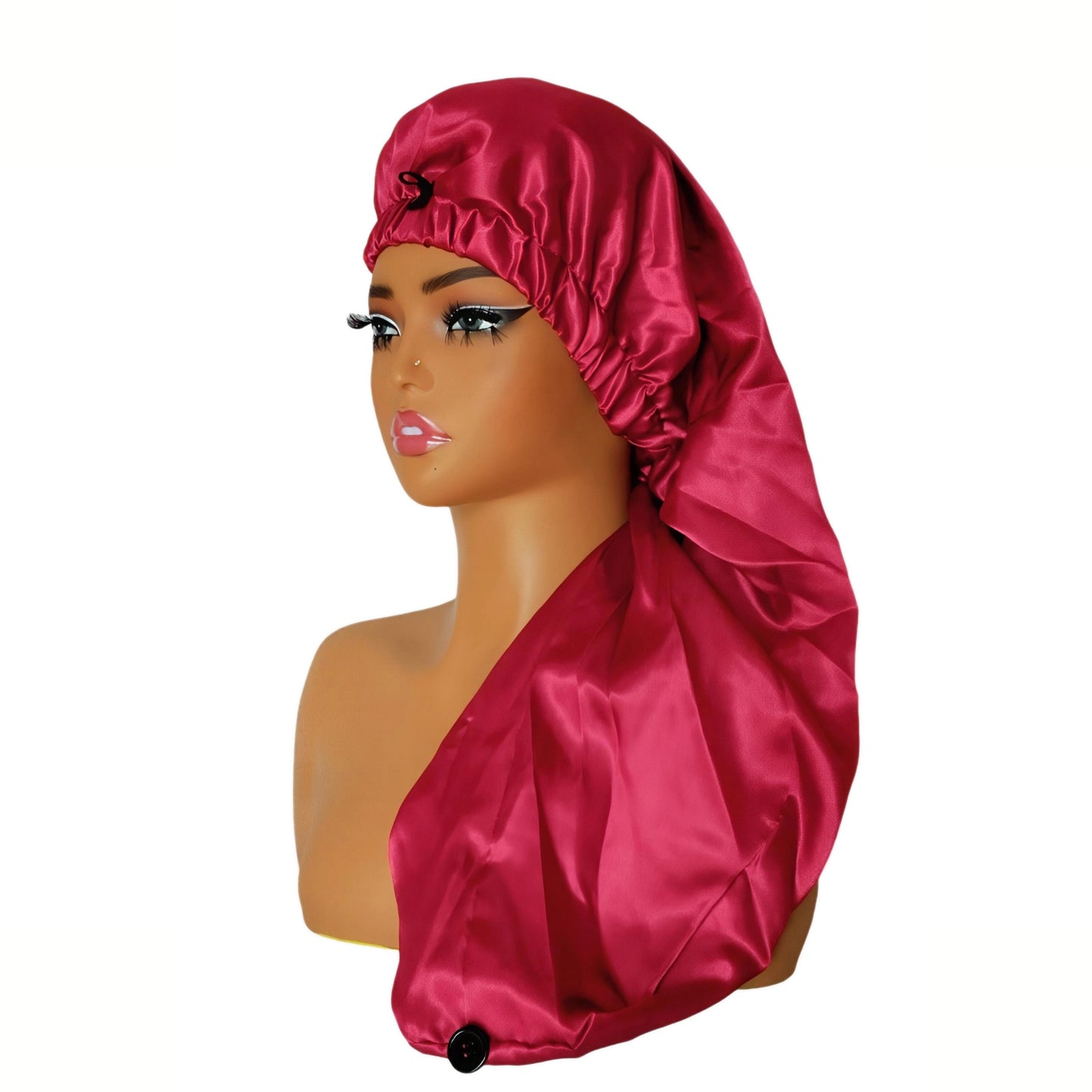 Adjustable Button Satin Bonnet - Extra Long Night Cap with Double Layer Design