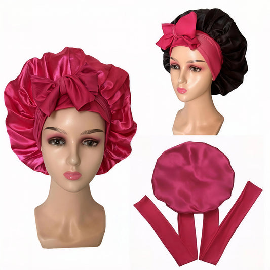 Double Layer Long  Elastic strip Tie Band Bonnet - Breathable Satin Hair Wrap for All Night Comfort