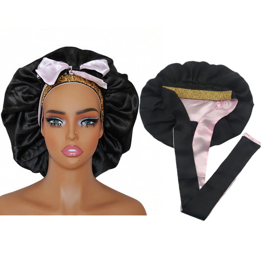 Adjustable tie band double layer satin silk luxury sleep bonnet with gold diamond band （gold rhinestone)