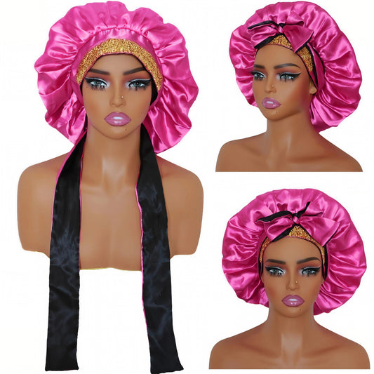 Double layer short satin silk hair bonnet with long  tie band for sleeping （Gold rhinestone)
