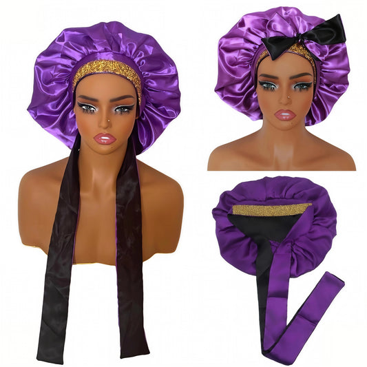 Satin Tie Bonnet for Curly Hair - 100% Silk Lining, Adjustable Band for Sleep & Hair Protection ( gold rhinestone)