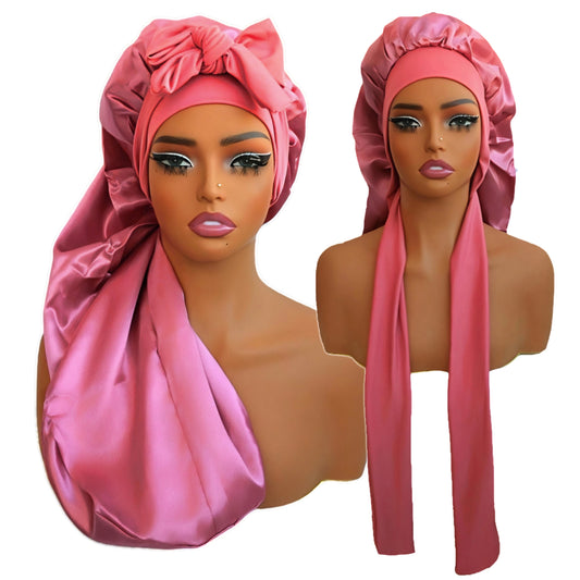 Extra Long Satin Bonnet with Elastic Bands - Double Layer Curly Hair Protection