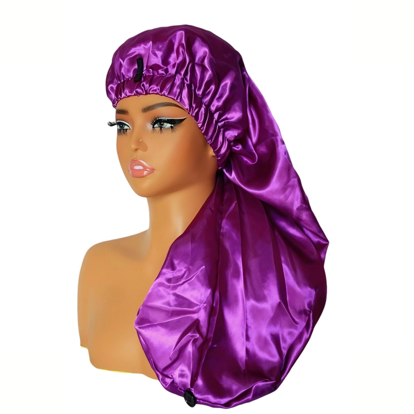Adjustable Button Satin Bonnet - Extra Long Night Cap with Double Layer Design