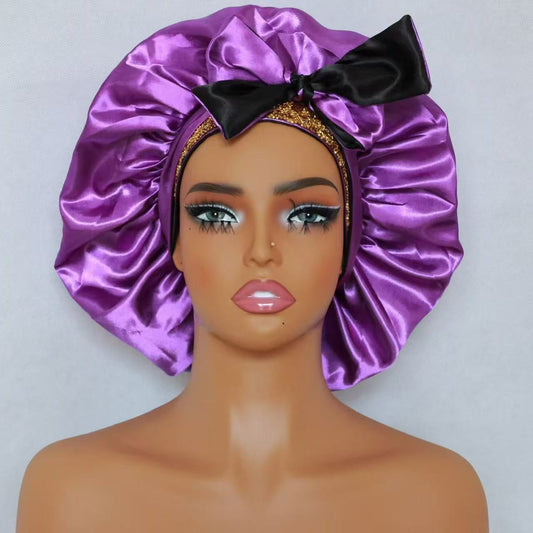 Satin Tie Bonnet for Curly Hair - 100% Silk Lining, Adjustable Band for Sleep & Hair Protection ( gold rhinestone)