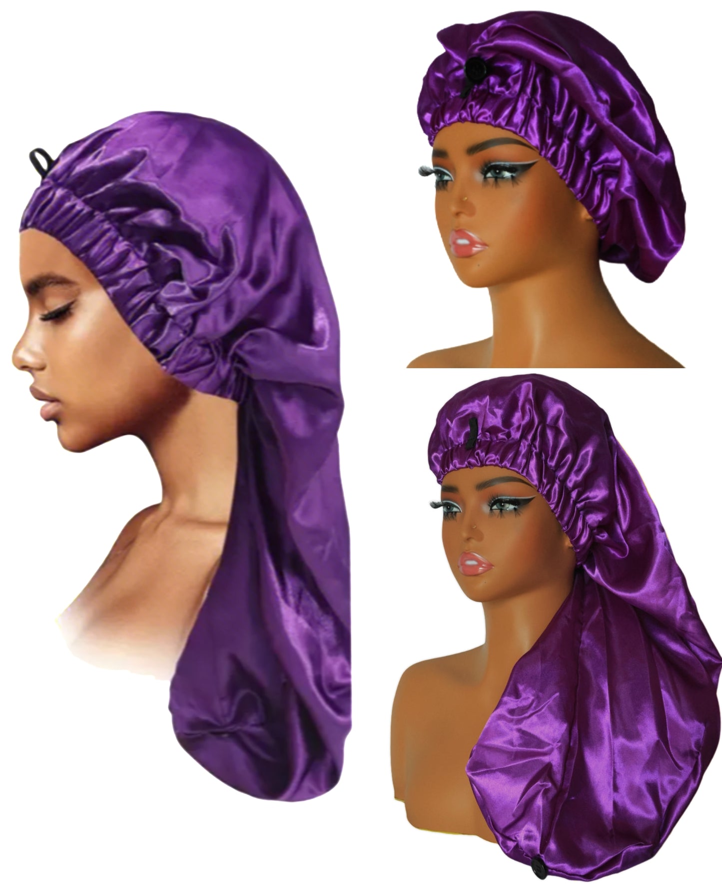 Long Satin Bonnet with Button Full Coverage for Extensions & Long Hair