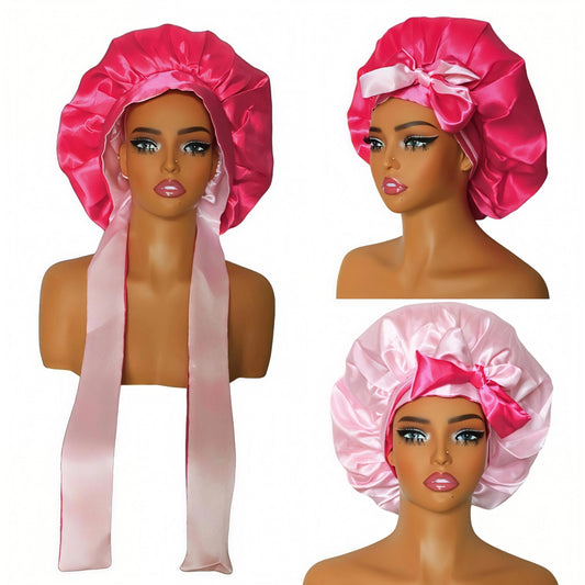 Silk Ribbon Tie Band Adjustable Bonnet - Double Layer Satin Night Cap for All Hair Types