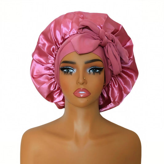Reversible Satin Bonnet with Elastic Ties - Wide Band Sleep Cap for Curly Hair Care for Women