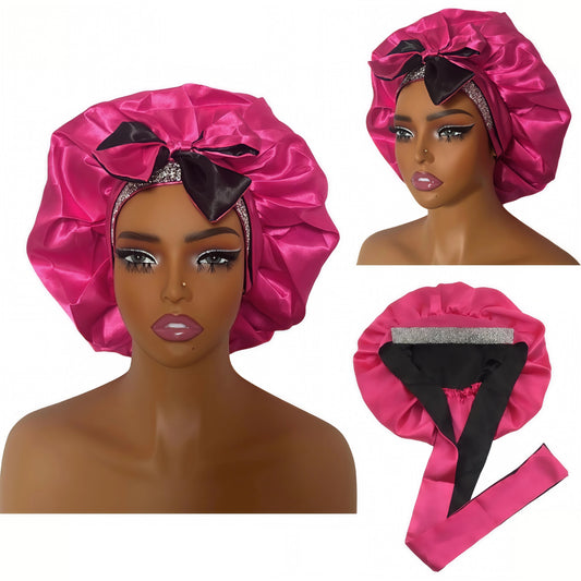 Luxury Mulberry Silk Tie Band Bonnet - Temperature Regulating for Night & Gym Workouts（silver rhinestone)
