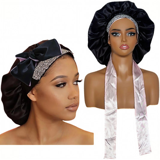 Premium Silk Tie Bonnet for Natural Hair - Anti-Frizz, Breathable & Extra-Large Design （silver rhinestone)