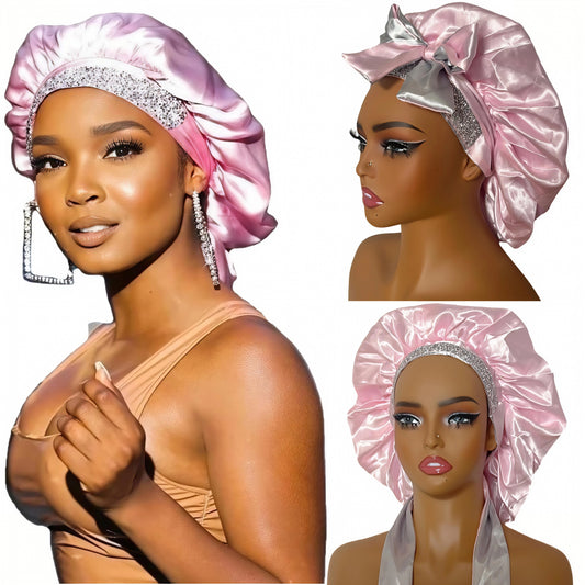 2025 Trending Satin Hair Tie Bonnet with Double Layer - Soft, Reusable & Travel-Friendly (silver rhinestone)