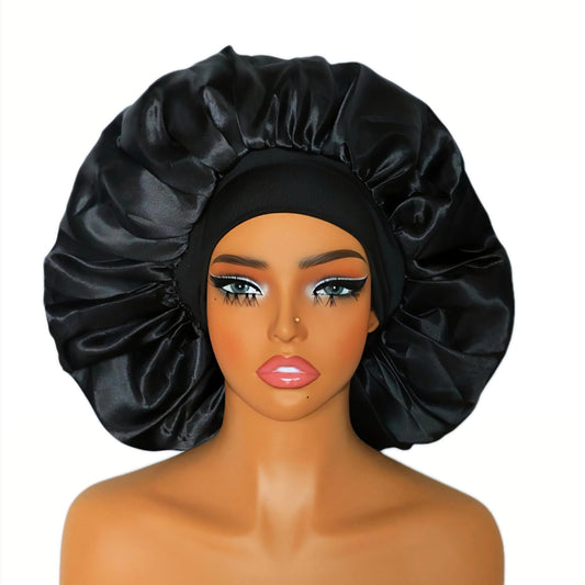 Extra Wide Band XL Black Satin Bonnet - Big Size Adjustable Sleep Cap for Thick Curly Hair