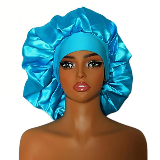 Extra Wide Band Blue Satin Bonnet  No Slip Design for Thick Hair & Dreadlocks (Oversized)
