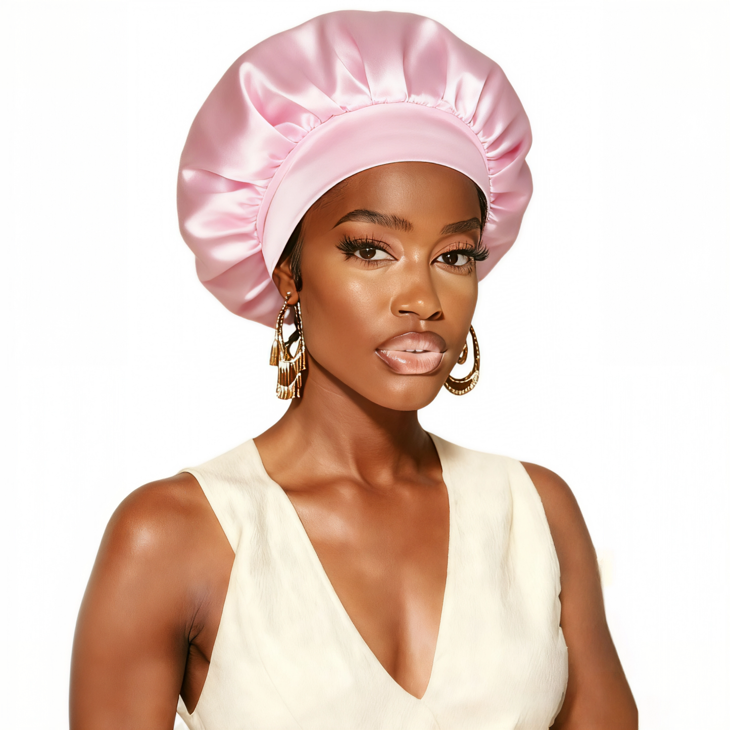 Big Size Sleep Pink Silk Bonnet with Wide Band - Reversible Satin Hair Large Bonnets for Braids
